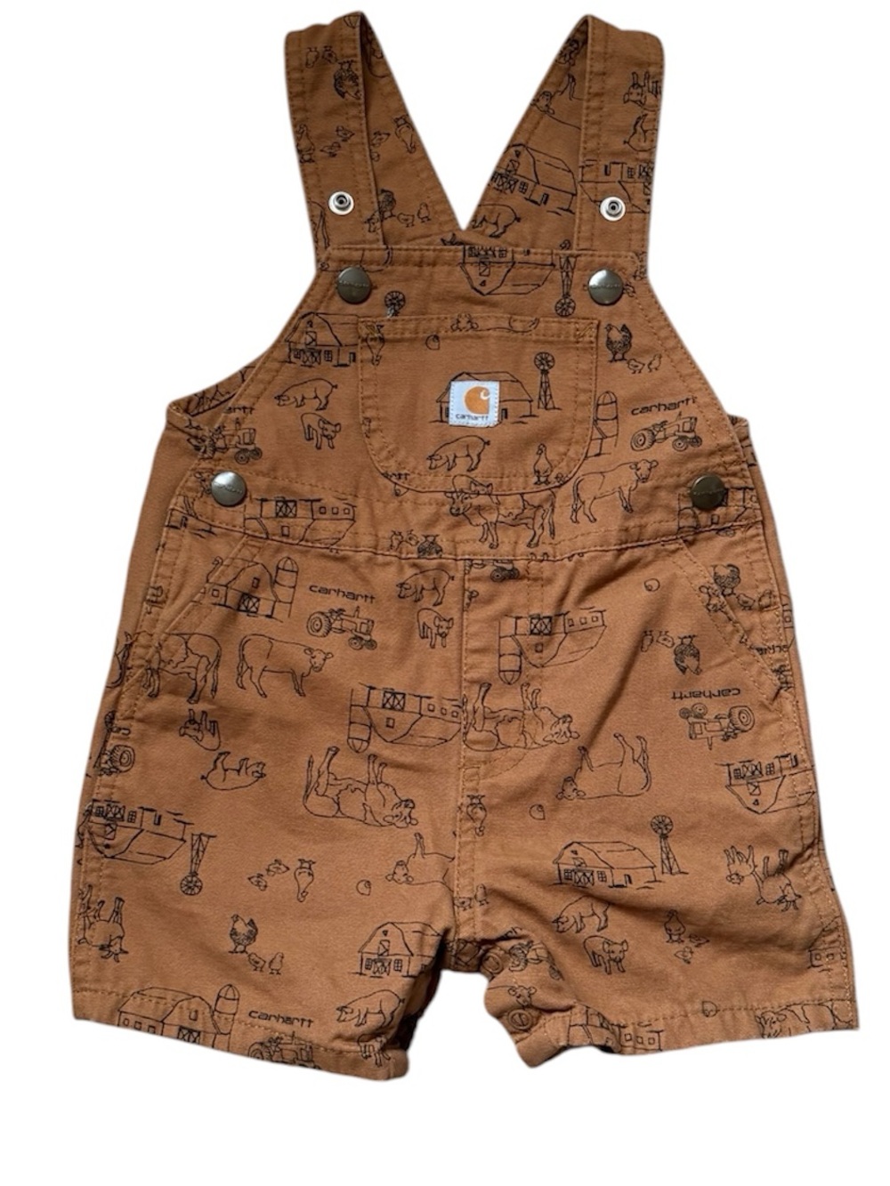 Carhartt Brown Farm Scene Short Overalls for Kids